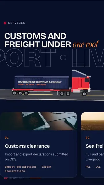 Trade template, services section on a phone: a red lorry carrying a container with the sample company's name, above service cards for customs clearance and sea freight