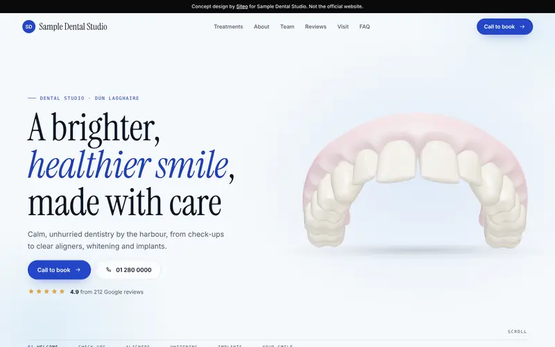 Lumen template, Air theme: first screen of the Sample Dental Studio demo