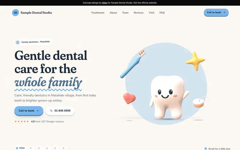 Pebble template in the Sky colourway: the first screen of the Sample Dental Studio demo