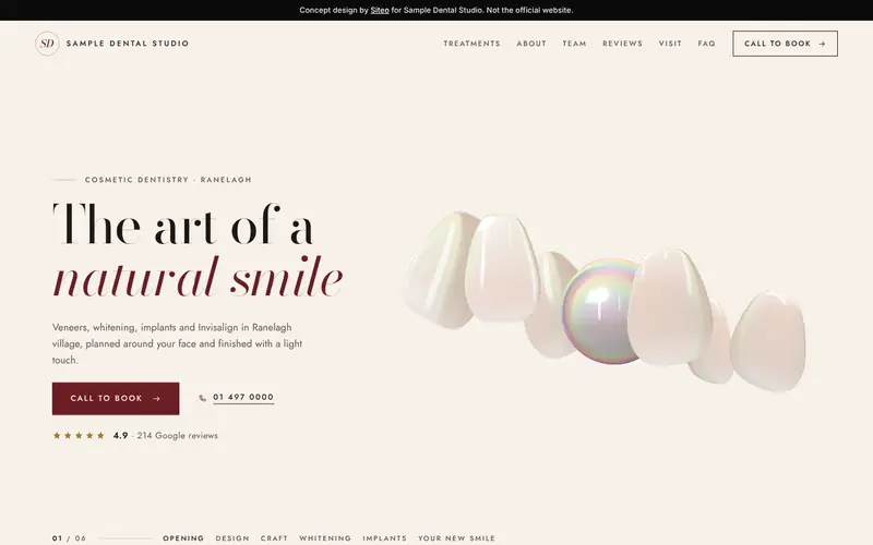 Atelier template, Oxblood theme: first screen of the Sample Dental Studio demo