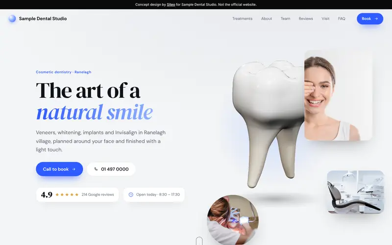 Immersive template, Studio white theme: first screen of the Sample Dental Studio demo